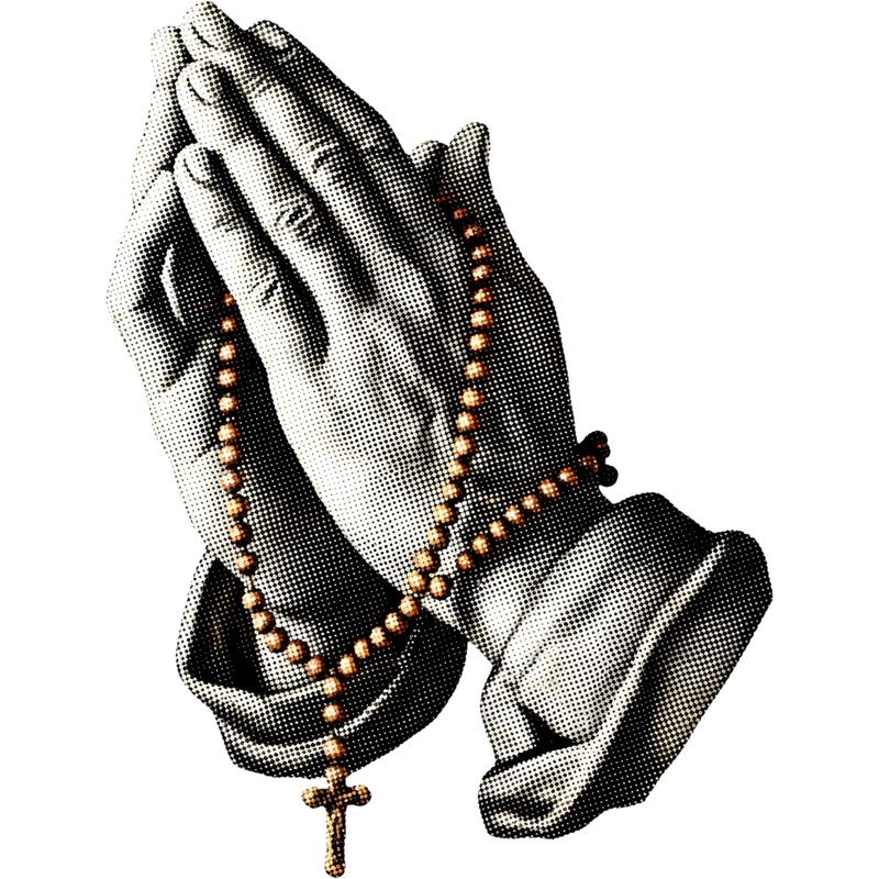 Praying hands draped in a rosary